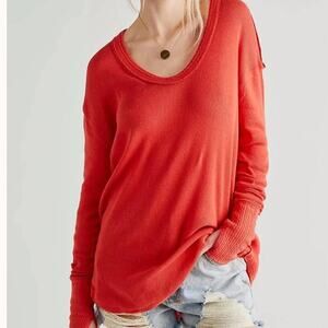 We The Free Women's Red Waffle Knit Oversized Pullover Top Size Large